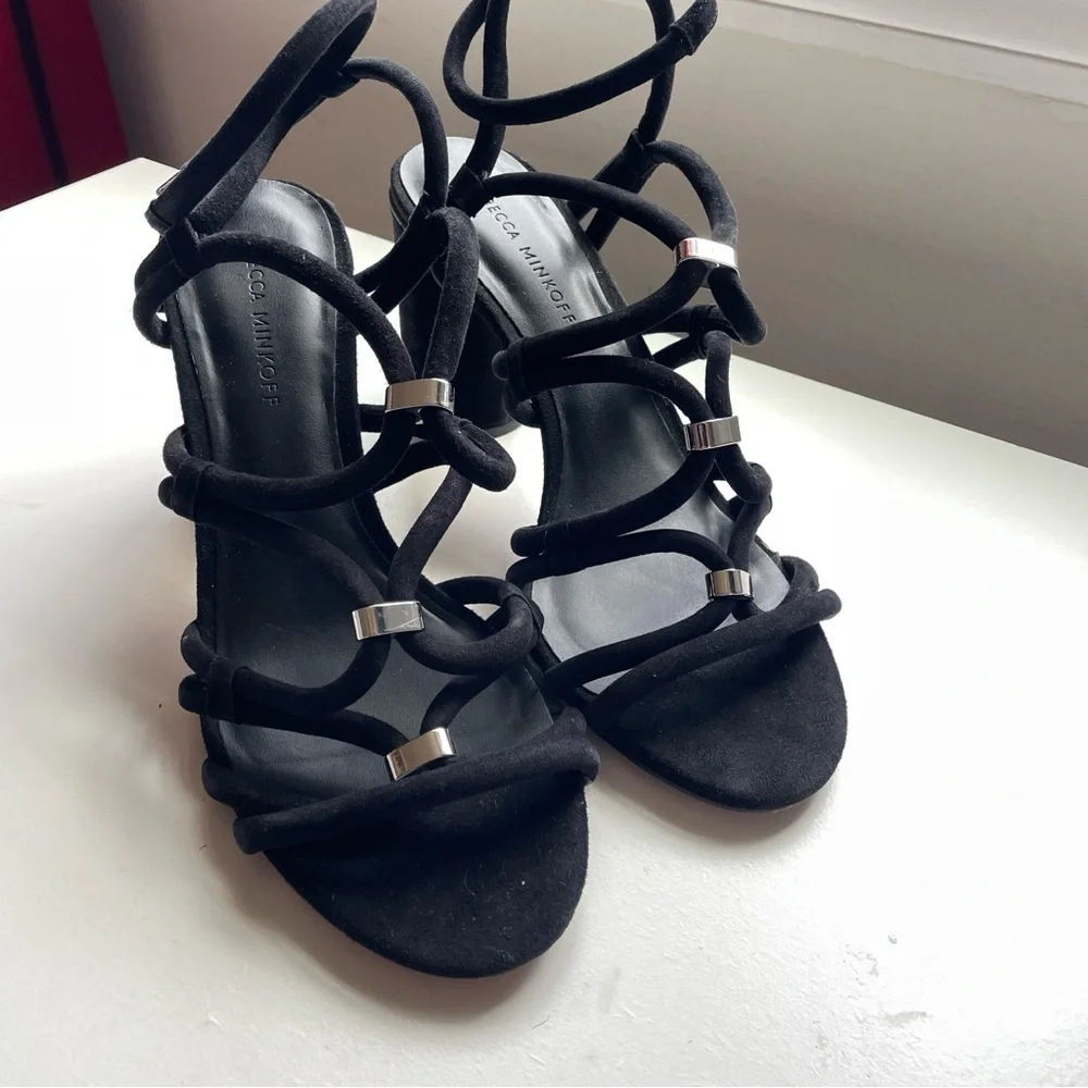 REBECCA MINKOFF sz 8.5 Apolline Suede Strappy Sandals black leather silver